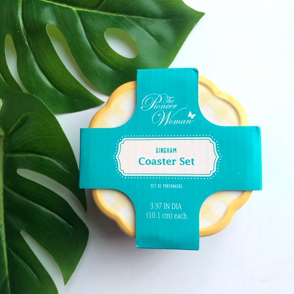 4 Pioneer Woman Novelty Gingham Coasters 3.97 Inches Diameter - Picture 3 of 4